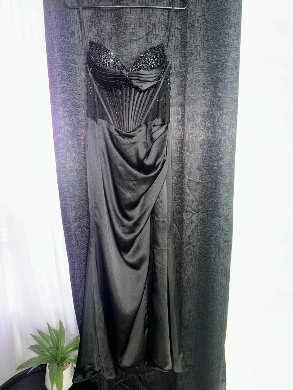 Black Beaded Strapless Evening Gown